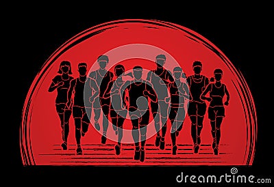 Marathon runners, Group of people running, Men and women running together Vector Illustration