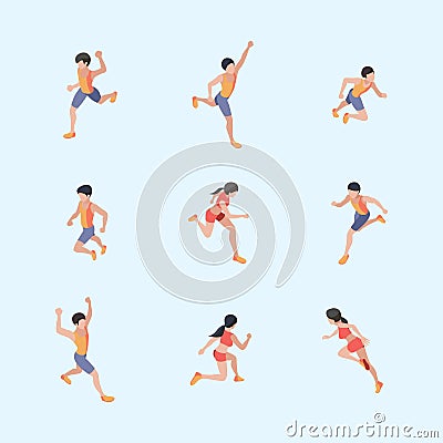 Marathon runners. Sport healthy lifestyle people running vector isometric characters Vector Illustration