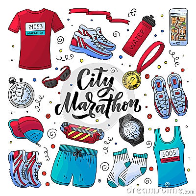 Marathon running clothing, gear and accessories essential kit. Vector doodle style illustration Vector Illustration