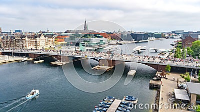 Marathon running race, aerial view of many runners on bridge from above, road racing, sport competition, Copenhagen marathon Stock Photo