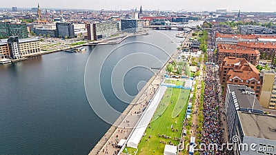 Marathon running race, aerial view of start and finish line with many runners from above, road racing, sport competition Editorial Stock Photo