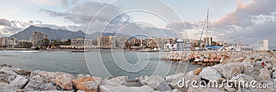 Marbella panorama seen from the sailing port Stock Photo