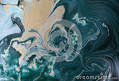 Marble abstract acrylic background. Blue marbling artwork texture. Golden glitter. Stock Photo