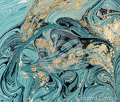 Marble abstract acrylic background. Blue marbling artwork texture. Golden glitter. Stock Photo