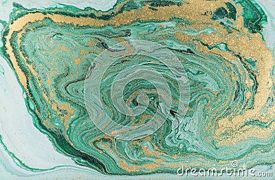 Marble abstract acrylic background. Nature green marbling artwork texture. Golden glitter. Stock Photo