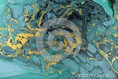 Marble abstract acrylic background. Nature green marbling artwork texture. Golden glitter. Stock Photo