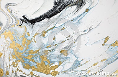 Marble abstract acrylic background. Nature marbling artwork texture. Golden glitter. Stock Photo