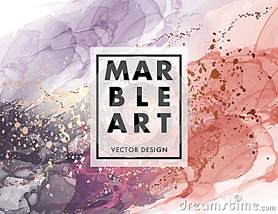 Marble abstract liquid coral and navy shape. Violet creative water paint alcohol ink design with gold background. Dark Poster ink Vector Illustration