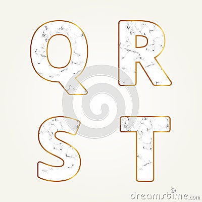 Marble alphabet, signs letters Q,R,S,T. Modern white marble font Vector Illustration