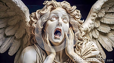 A marble angel sculpture, captured in a moment of dramatic surprise, hands to face, mouth agape, and eyes wide, as if Stock Photo