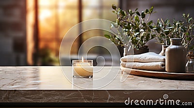 Marble bathroom interior with window natural materials in warm earthy tones. Body care products towel green plants Stock Photo