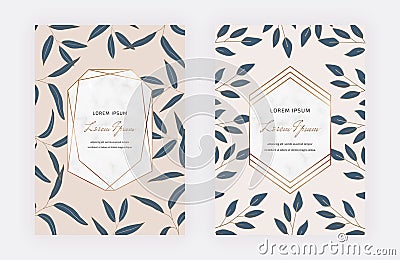 Marble cards with green leaves, geometric golden lines frames. Vector Illustration