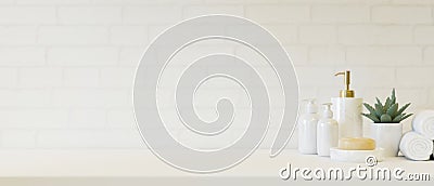 Marble ceramic white lotion bottles, soap, towels with copy space over white bathroom wall Cartoon Illustration