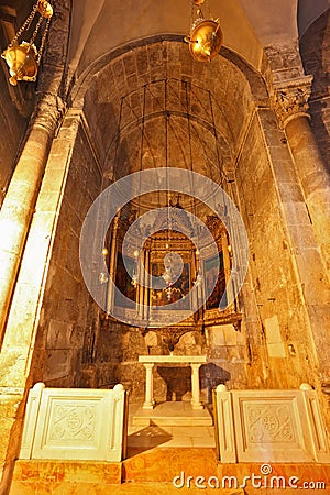 The marble chapel altar with icons. Photo taken by lens Fisheye Editorial Stock Photo