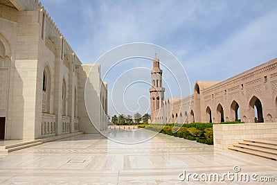 Marble courtyard and flanking minaret of a mosque Stock Photo