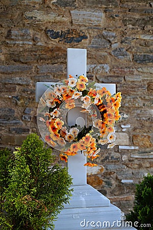 Marble Cross in Cemetery Stock Photo