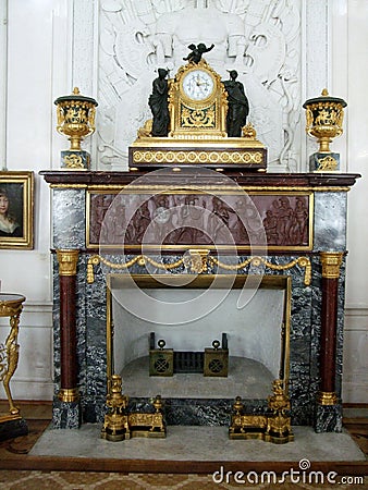 Marble fireplace with clock in hermitage museum Saint Peterburg Editorial Stock Photo