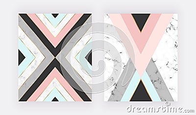 Marble geometric design with pink, blue, black and grey triangular, golden lines. Modern background for wedding invitation, banner Stock Photo