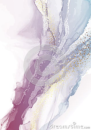 Marble holographic colorful liquid shape background. Dynamic watercolor violet pastel composition with gold sparkle foil. Eps10 Vector Illustration