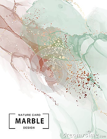 Marble Ink, watercolor paint pastel with gold foil abstract art. Colorful painting alcohol ink background. Highly-textured green Vector Illustration