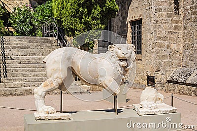 The Marble Lion is a historical Ancient Greek artifact of the Archaeological Museum. Rhodes, Greece Editorial Stock Photo