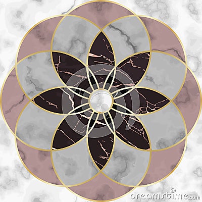 Marble Mosaic Seamless Patterns with Round Medallion. Floral Luxury Compasition Vector Illustration