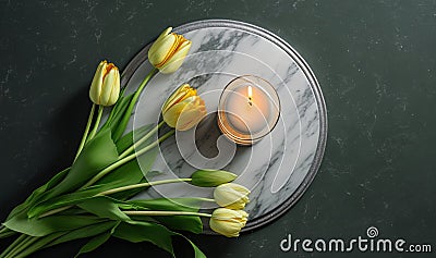 a marble plate with a candle and yellow tulips Stock Photo