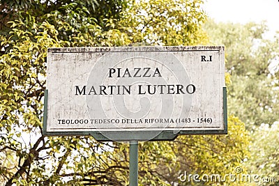 Marble plate with street name piazza Mertin Lutero - engl: Martin Luter square - in Rome Stock Photo