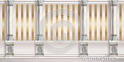 Marble roman pillar background, vector palace wall, golden stripe tapestry, classic column illustration. Vector Illustration