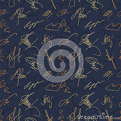 Marble seamless pattern. Repeated autograph background. Gold scrawl signature design for prints. Repeating andwritten patern. Mark Vector Illustration