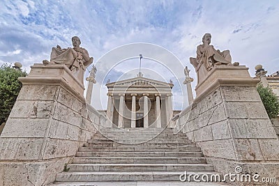 Stairway between Plato and Socrates' Greek philosophers in front of the national academy's neoclassical building. Stock Photo