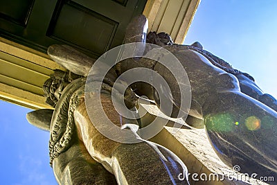 Marble statues of Atlant`s hold ceiling of New Hermitage, St. Petersburg, Russia Stock Photo