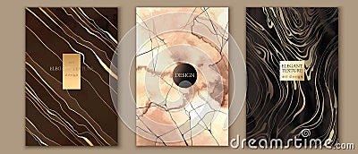 Marble, stone texture set. Watercolor, ink, line vector background with white, pink, grey, beige, black, golden Vector Illustration