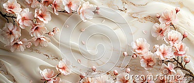 Marble surface in soft ivory with pink cherry. Stock Photo