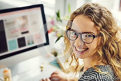 Marble Table Lady Computer Data Office Worker Concept Stock Photo