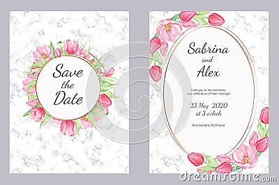 Marble and watercolor tulip, wedding invitation. Set with invitation and Save the date card on white marble background Stock Photo