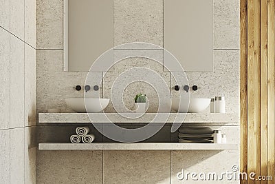 Marble and wooden bathroom, sinks Stock Photo