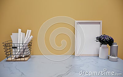 Marble wooden free frame with green plant on white wall, 3d render, 3d illustration, canvas print mockup. Cartoon Illustration
