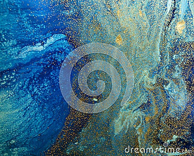 Marbled blue and golden abstract background. Liquid marble pattern Stock Photo