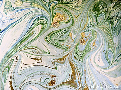 Marbled blue, green and gold abstract background. Liquid marble pattern. Stock Photo