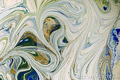 Marbled blue, green and gold abstract background. Liquid marble pattern. Stock Photo