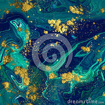 Marbled seamless background. Liquid blue marble pattern. Golden glitter texture. Stock Photo