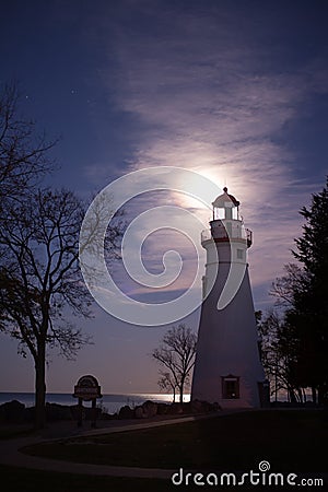 Marblehead Lighthouse with super-moon behind Editorial Stock Photo