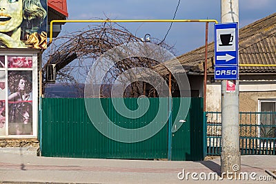 March 22, 2021 Balti, Moldova Drive cafe advertisement imitating European road signs. Background Editorial Stock Photo