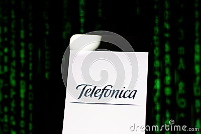 March 10, 2019, Brazil. `Telefonica` logo on the mobile device screen. Operating globally, it is one of the largest fixed and mob Editorial Stock Photo