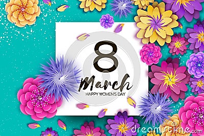 8 March. Bright Pink Origami Flowers. Happy Womens Day. Trendy Mothers Day. Paper cut Exotic Tropical Floral Greetings Vector Illustration