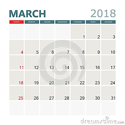 March 2018 calendar. Calendar planner design template. Week star Vector Illustration