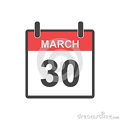 March 30 calendar icon. Vector Illustration