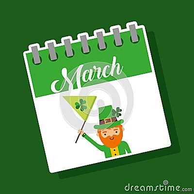 March calendar leprechaun with flag st patricks party Vector Illustration