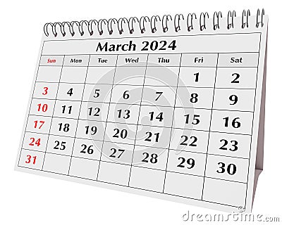 March 2024 calendar. Page of the annual business desk month calendar isolated Stock Photo